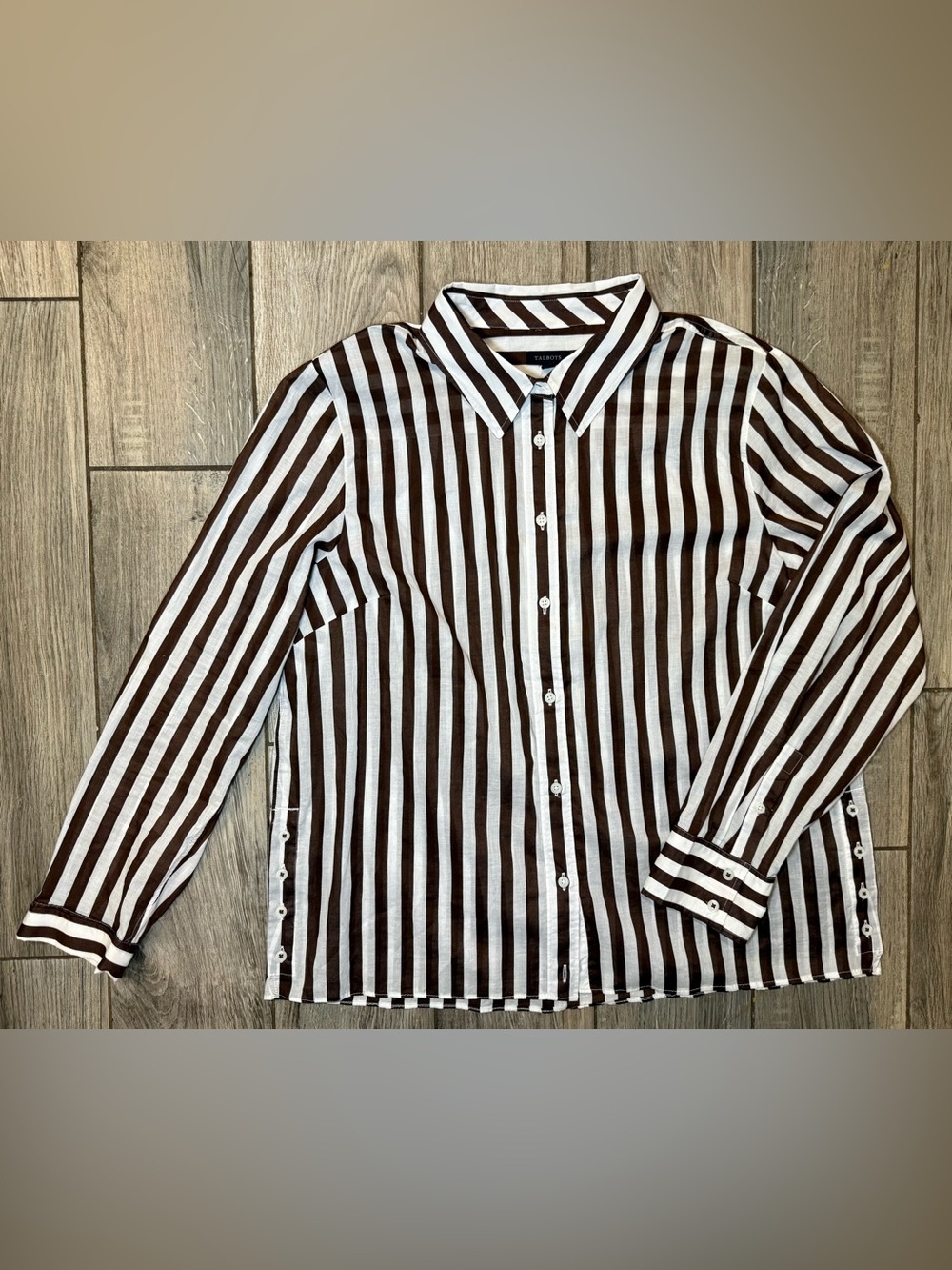 Talbots side button boyfriend shirt in Sand stripe